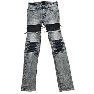 HM Mens Skinny Fit Acid Wash Distressed Moto Jeans Grey 30x31 Button Fly